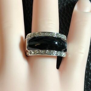 Silver Black Enamel Crystal Wide Band Ring Sz 8.75 Camille Lucie France